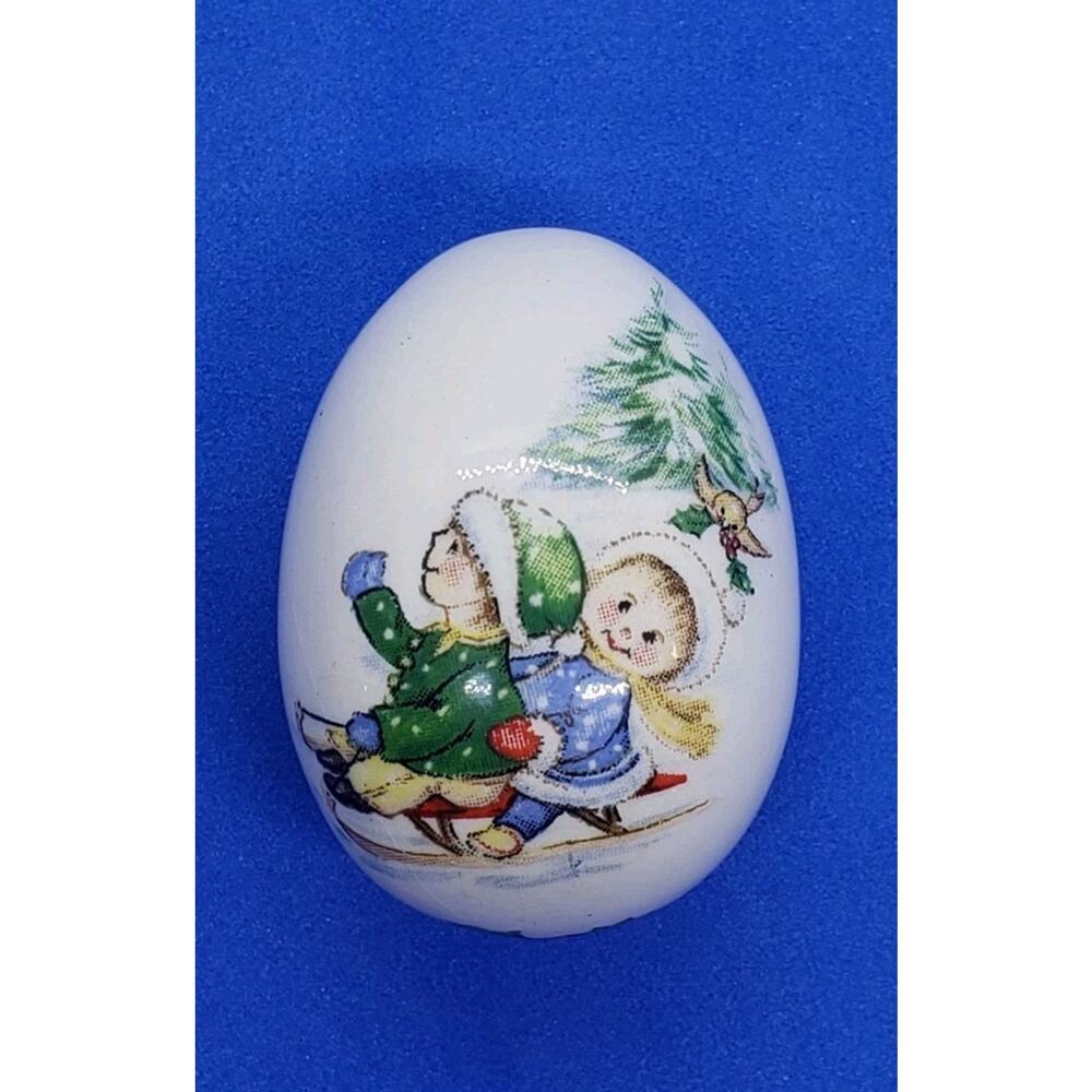 Vintage Porcelain Egg Miniature Kids Sledding & Holly The Egg Lady Christmas